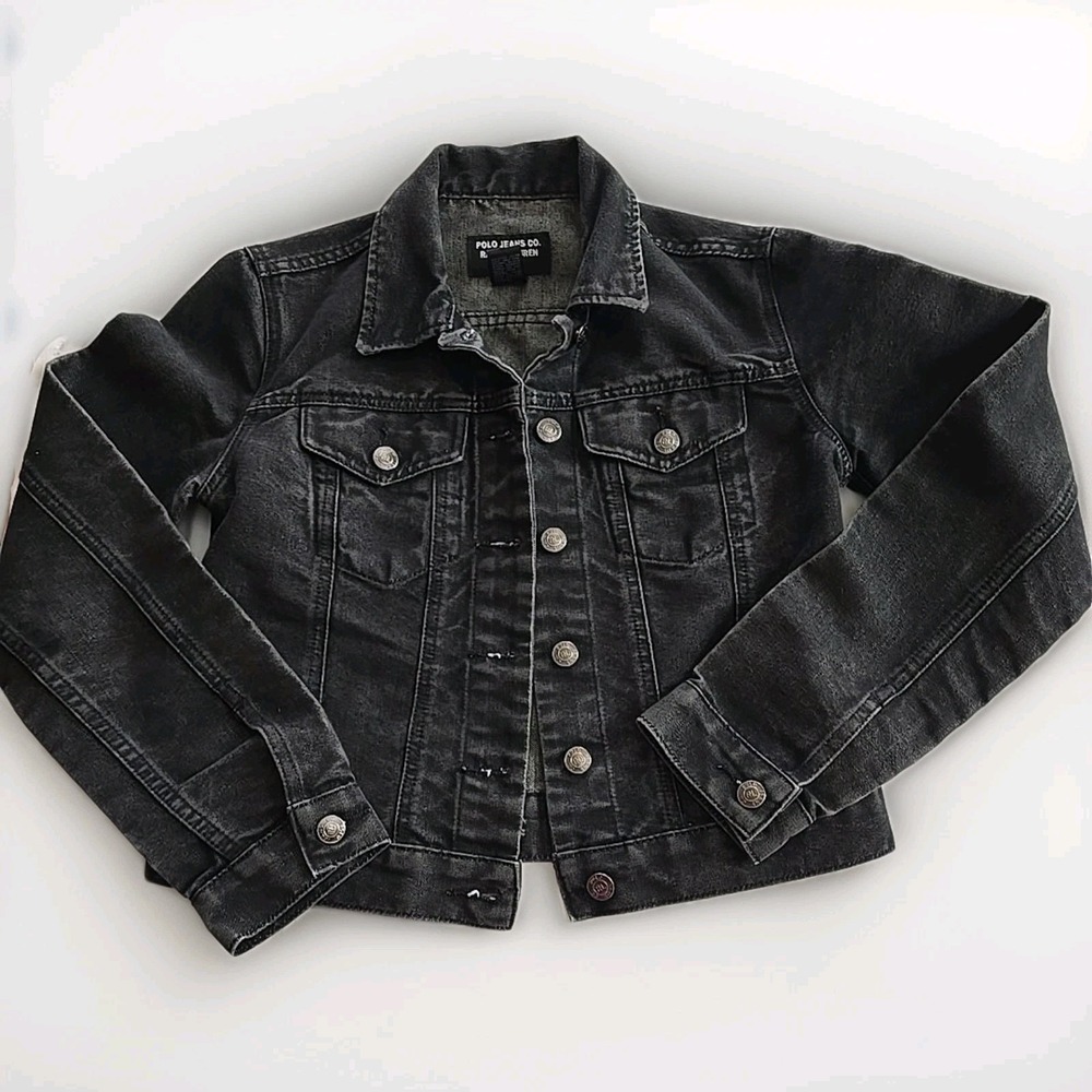 Polo Ralph Lauren Womens Small black denim jacket Coat crop fit outdoor Moto Y2K